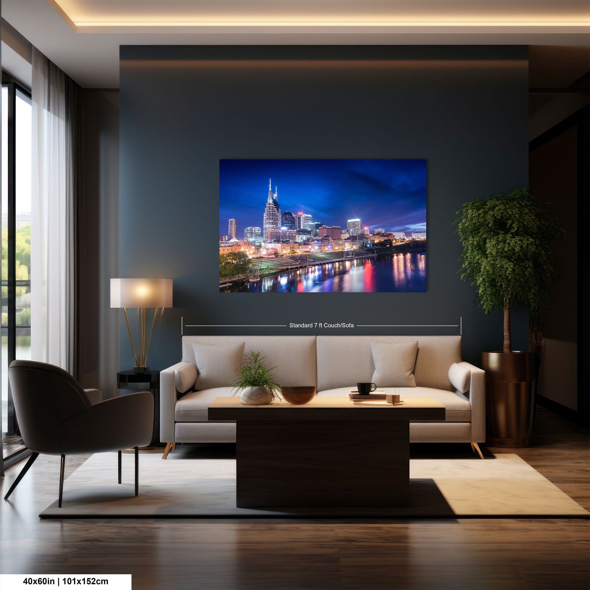 a living room with a large picture on the wall