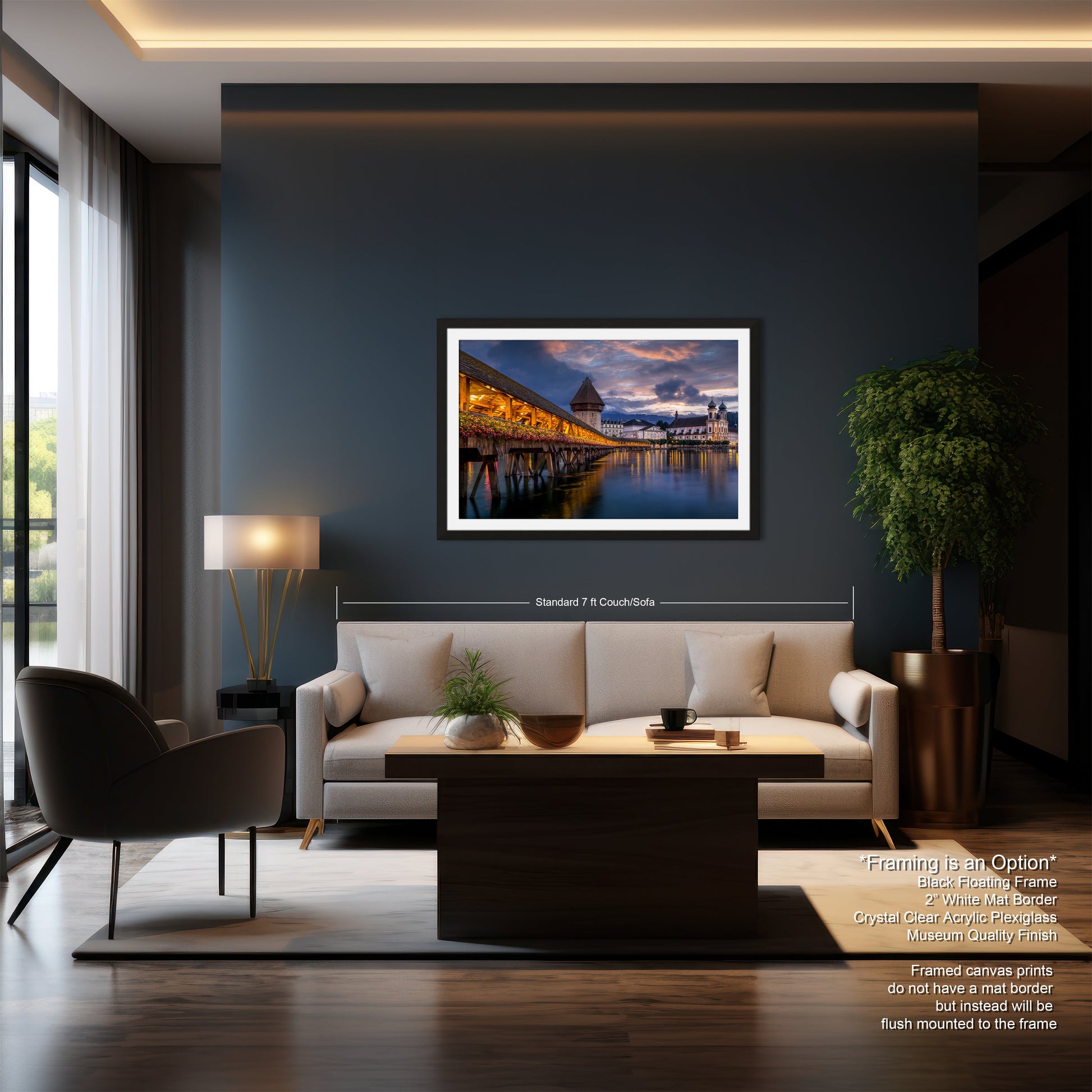 a living room with a couch and a table