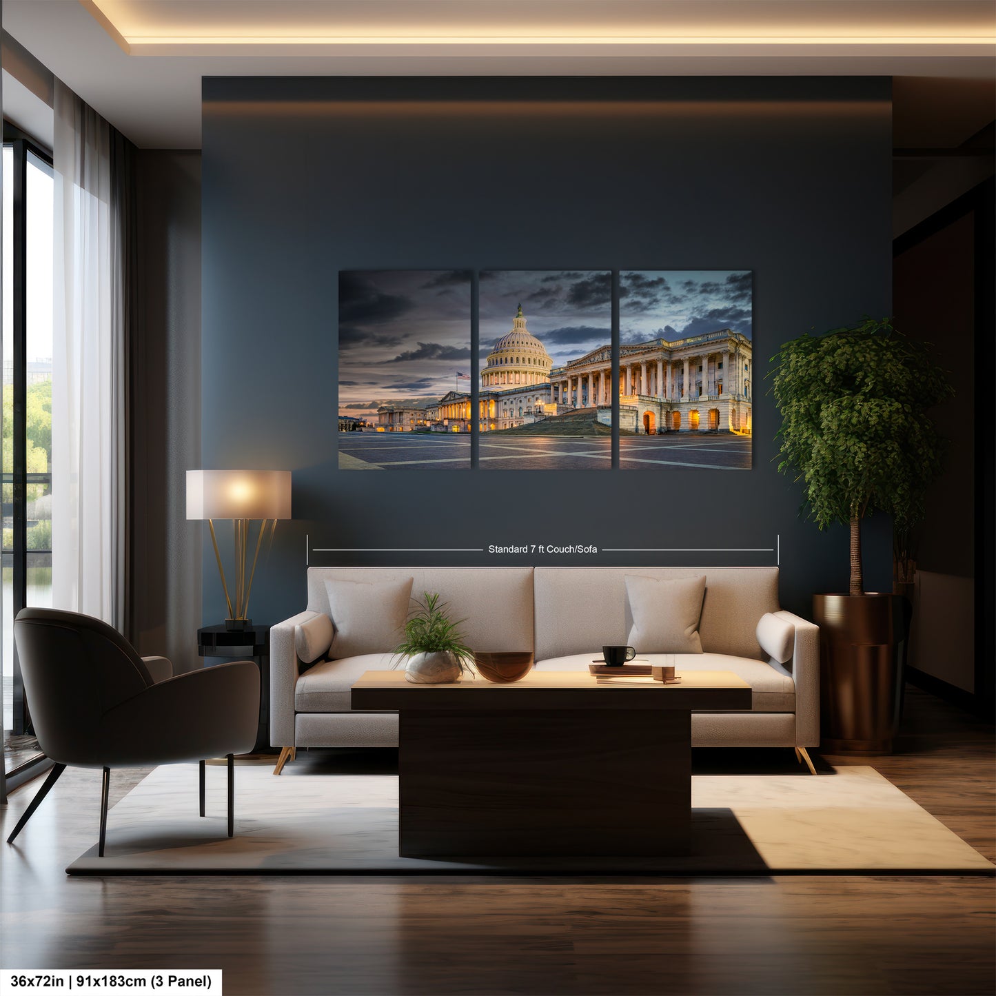 a living room with a couch a table and a painting on the wall