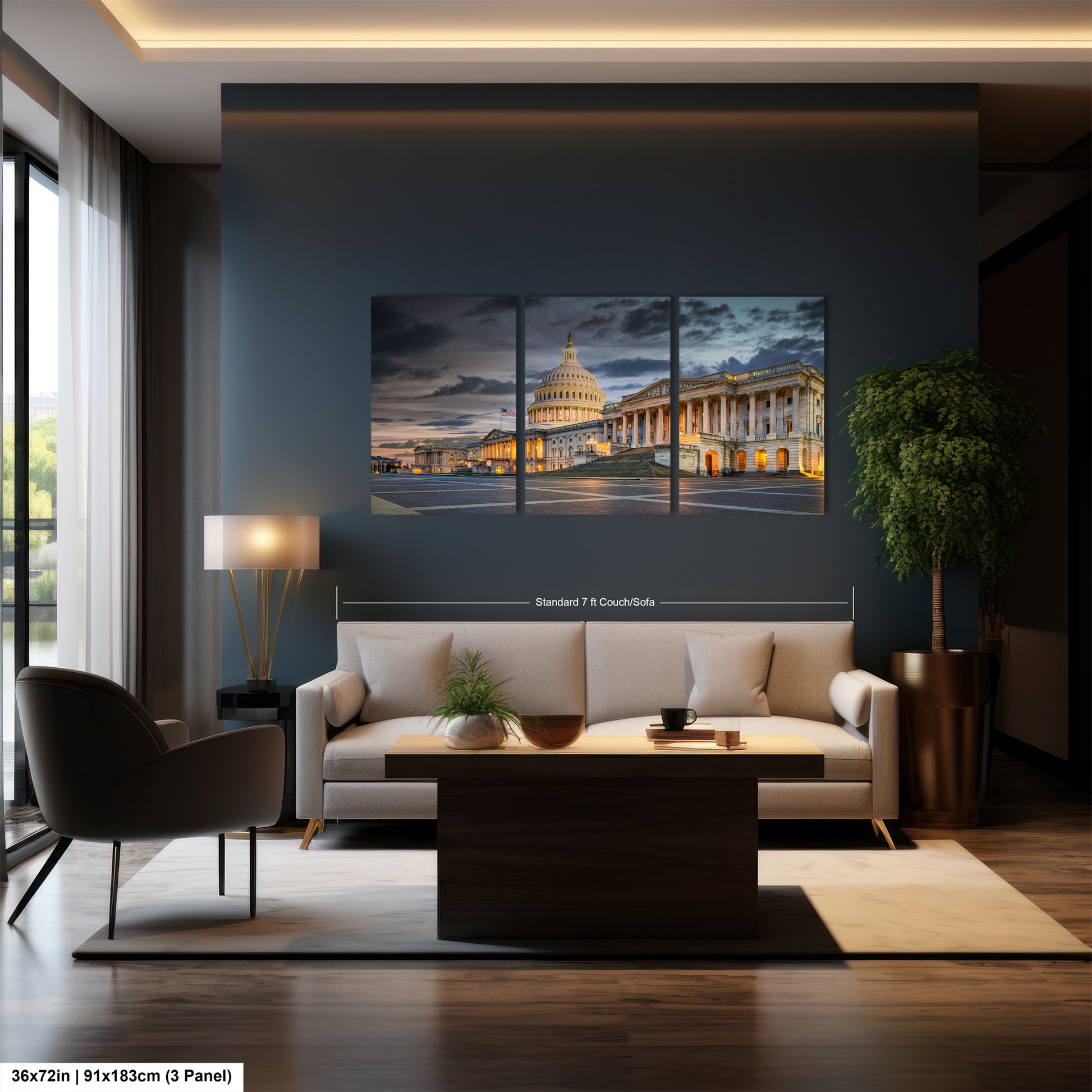a living room with a couch a table and a painting on the wall