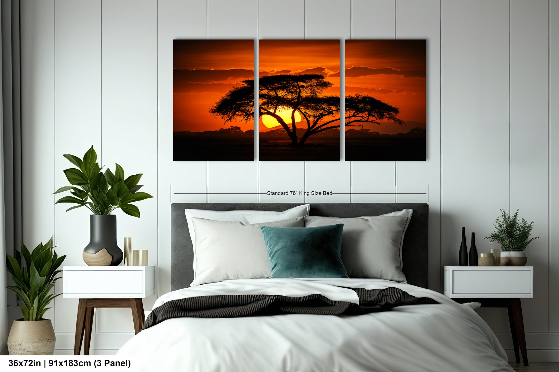 a bedroom with a bed and two paintings on the wall