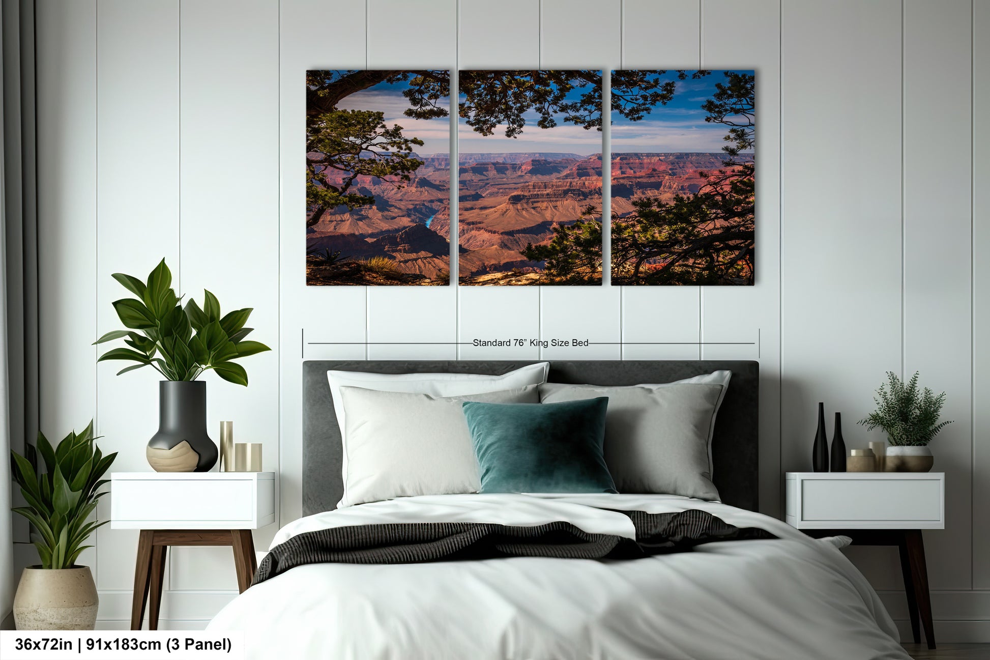 a bed room with a neatly made bed and two pictures on the wall