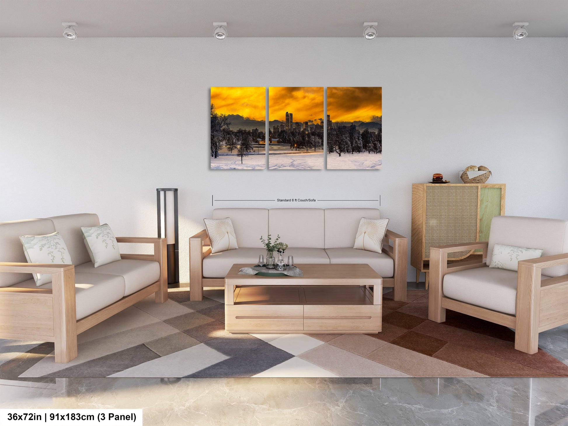 a living room filled with furniture and a painting on the wall