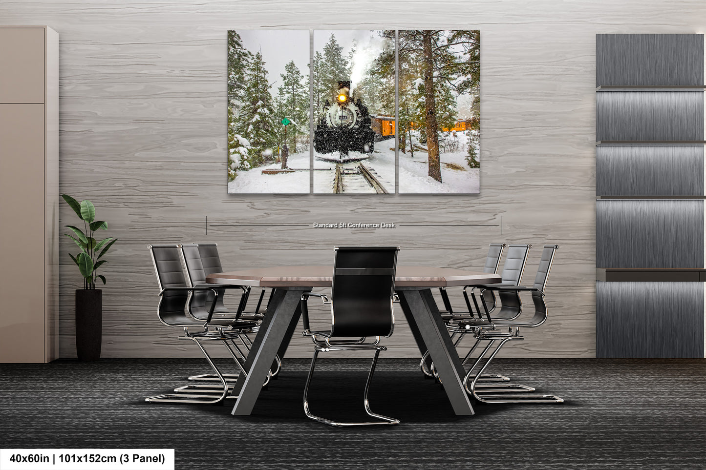 a dining room table with chairs and a painting on the wall