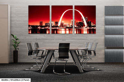 a dining room table with a view of the st louis skyline