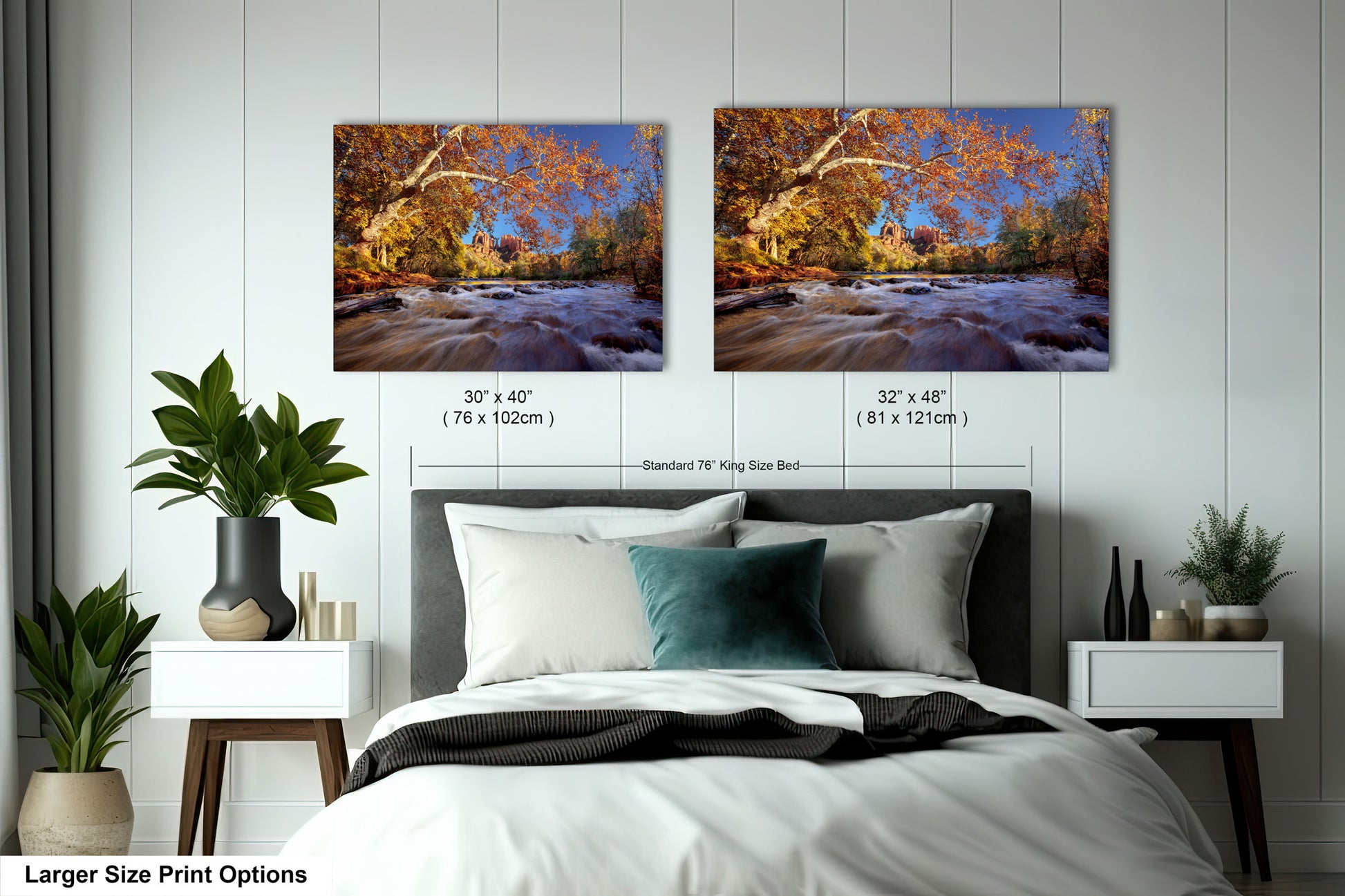 a bedroom with a bed and two pictures on the wall