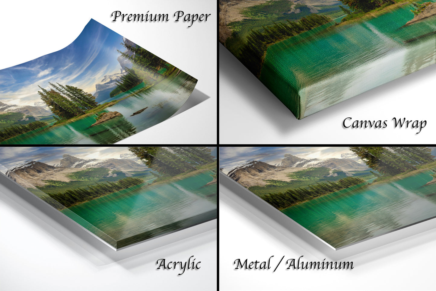 a series of four photos of a mountain lake