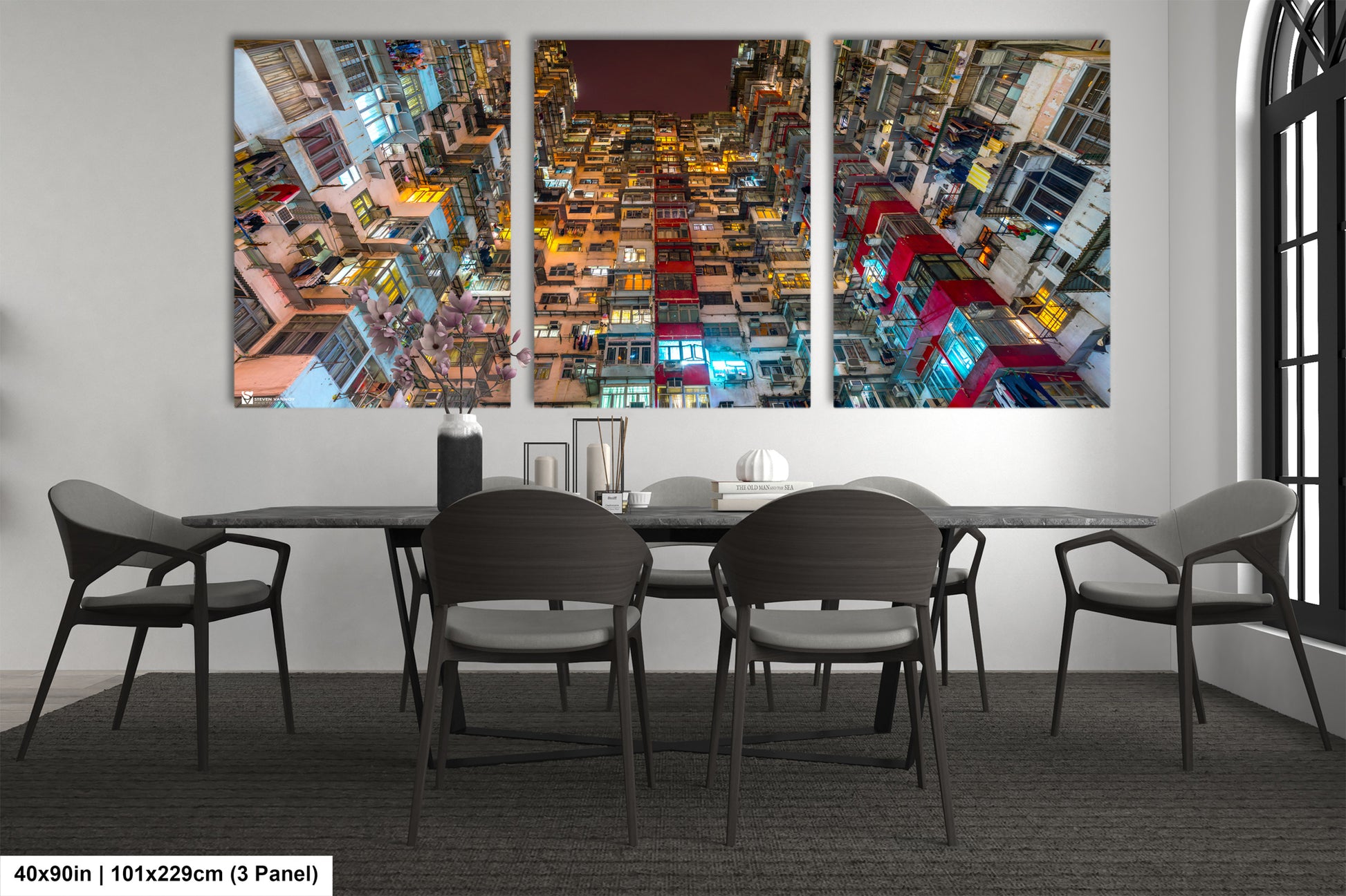 a dining room with a table and four chairs