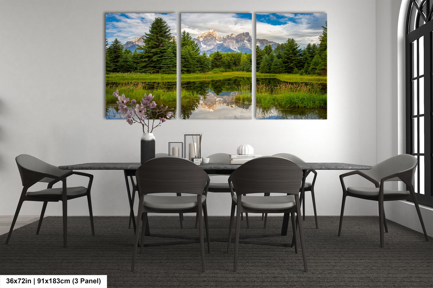 a dining room with a table and chairs