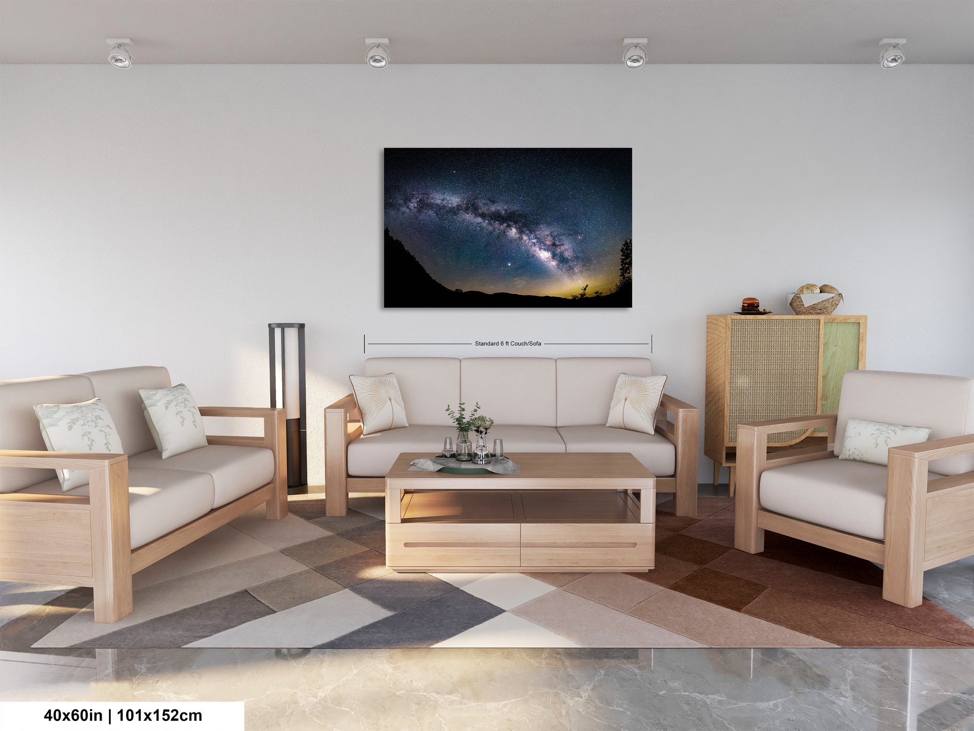 a living room filled with furniture and a painting on the wall