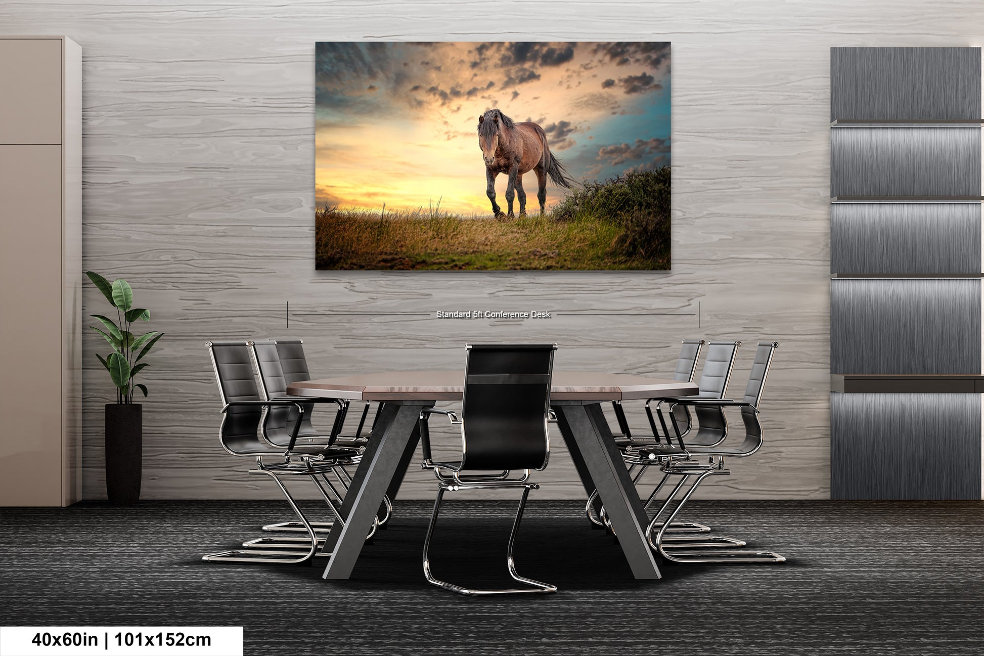 a painting of a horse in a field at sunset