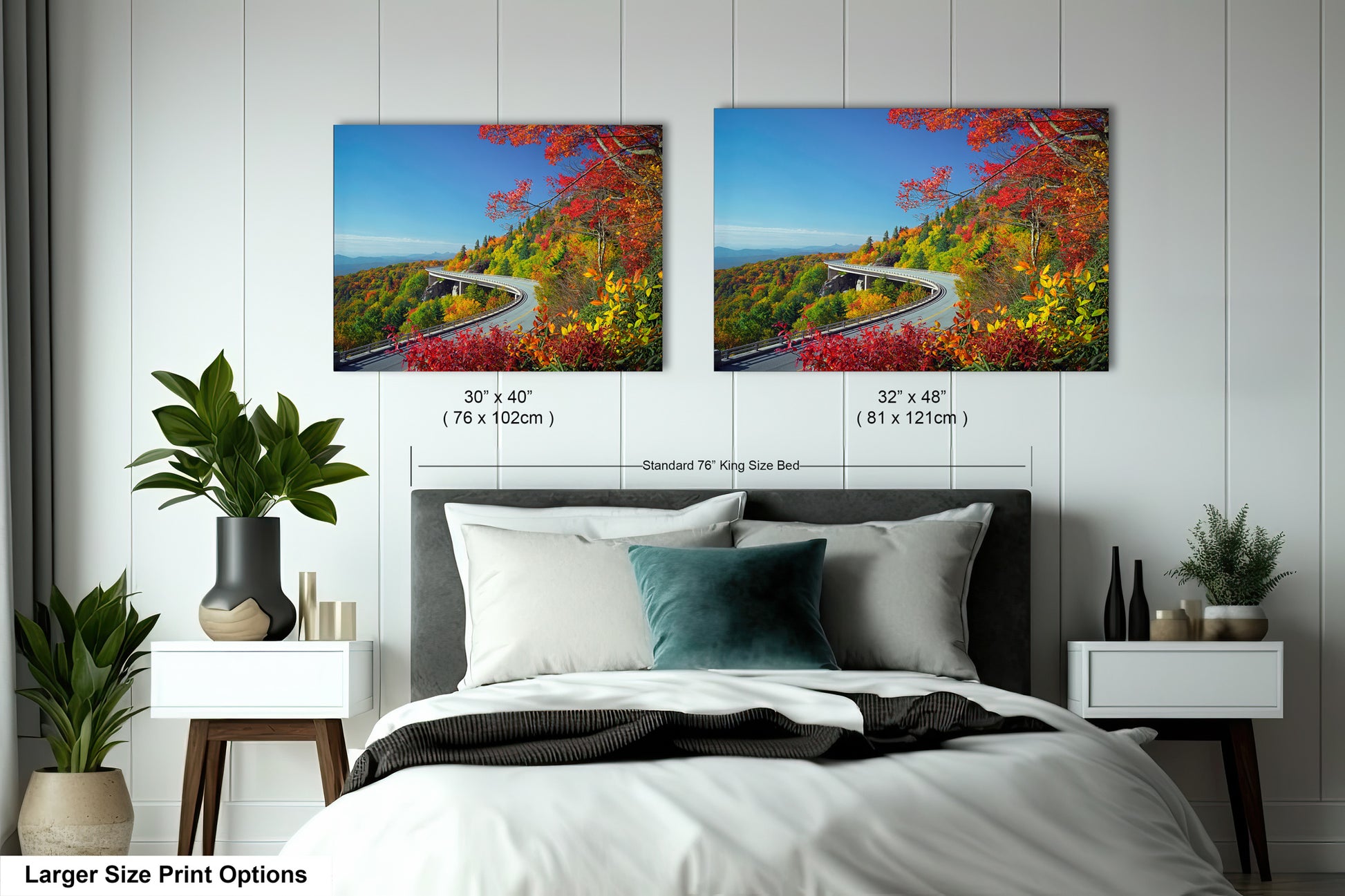 a bedroom with a bed and two pictures on the wall