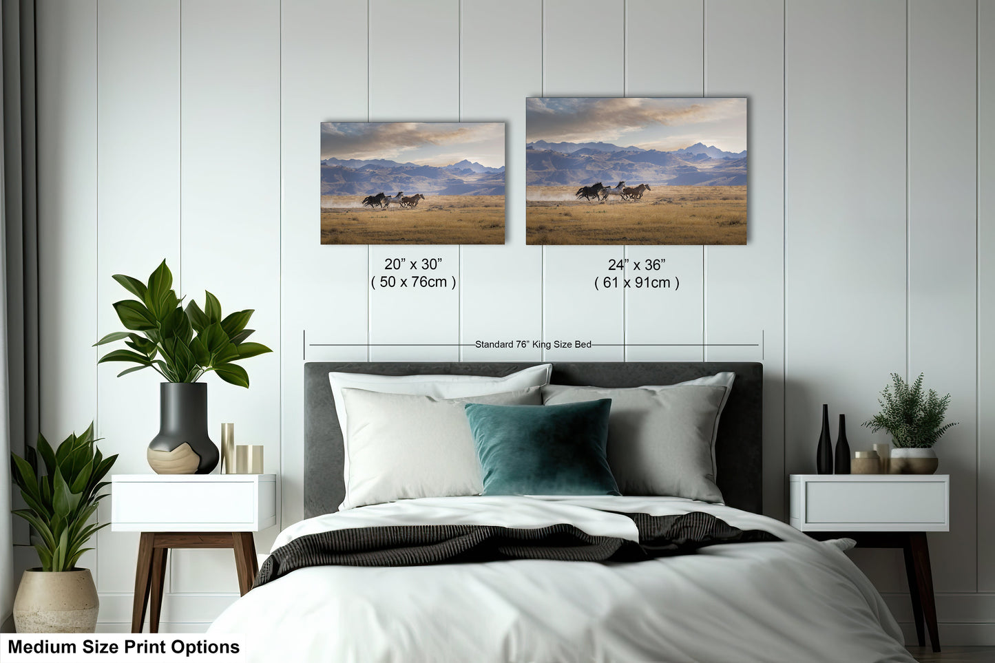 a bedroom with a bed and two pictures on the wall