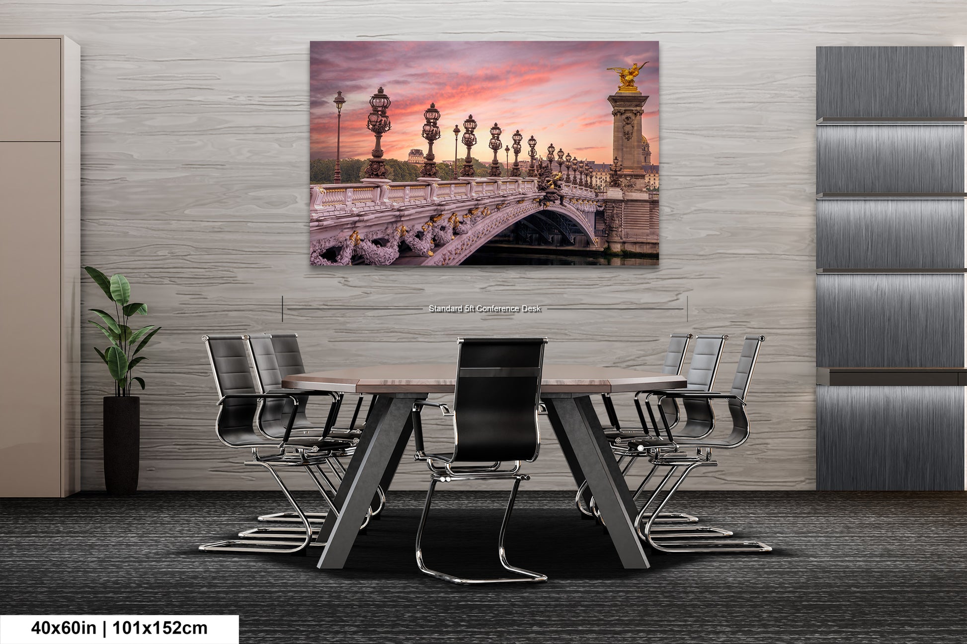 a painting of a bridge over a river at sunset