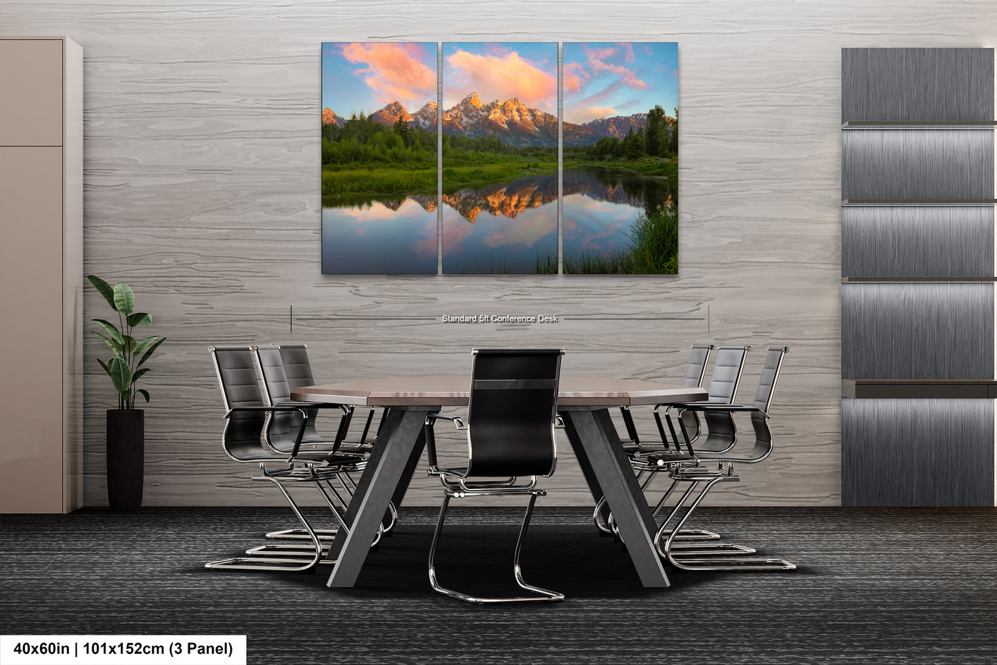 a dining room table with chairs and a painting on the wall