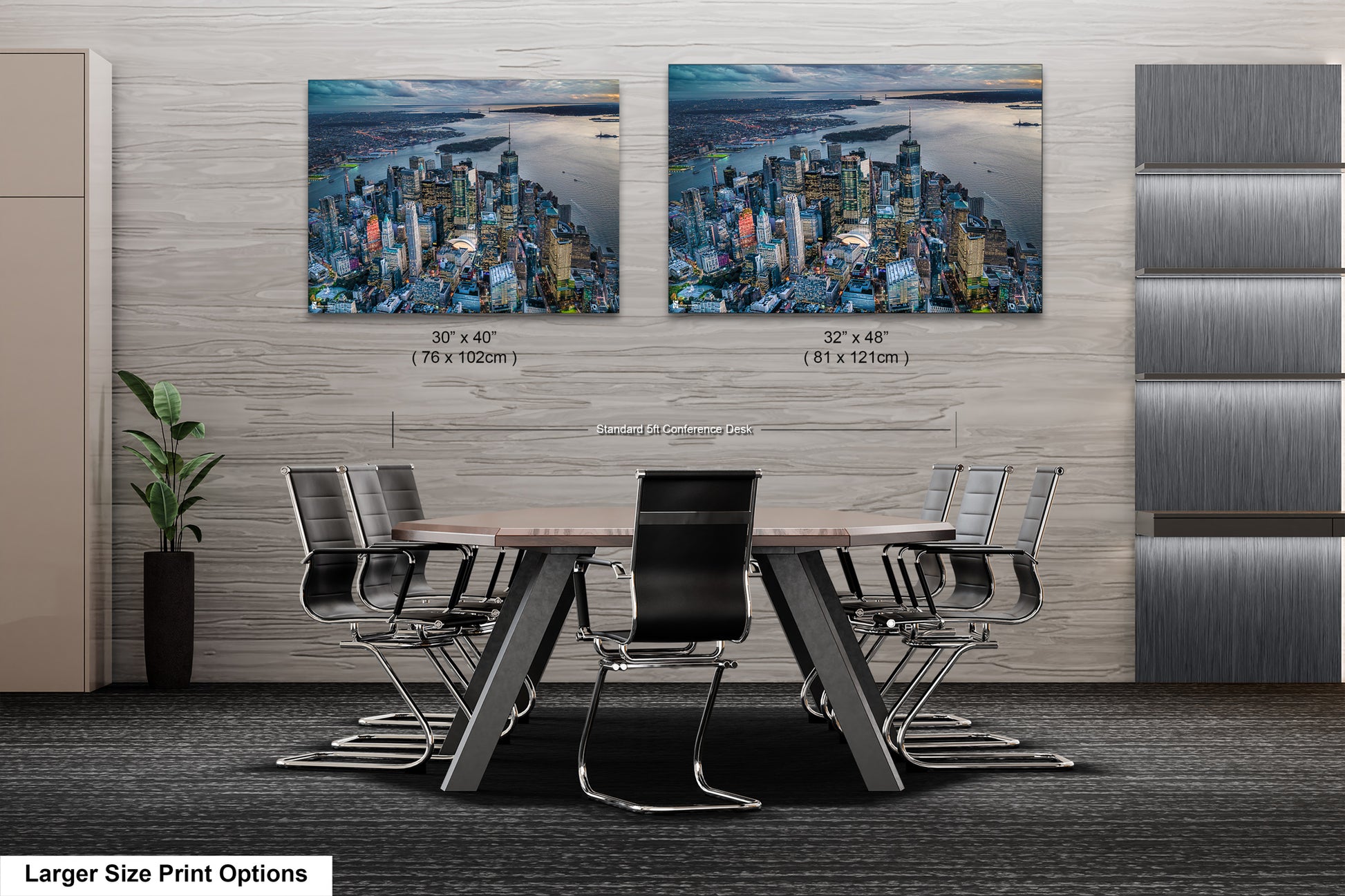 a dining room table with chairs and a picture of a city