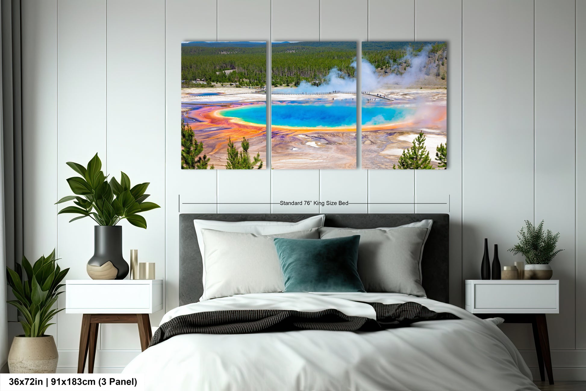 a bedroom with a bed and two paintings on the wall