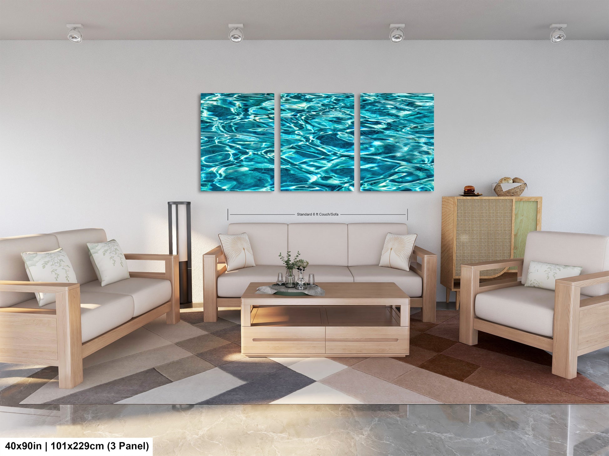a modern living room with a large, colorful painting of water on the wall. The room is furnished with a sofa, two chairs, and a coffee table. The painting is framed in a 3x3 panel, and the dimensions are provided as 40 inches by 101.229 centimeters.