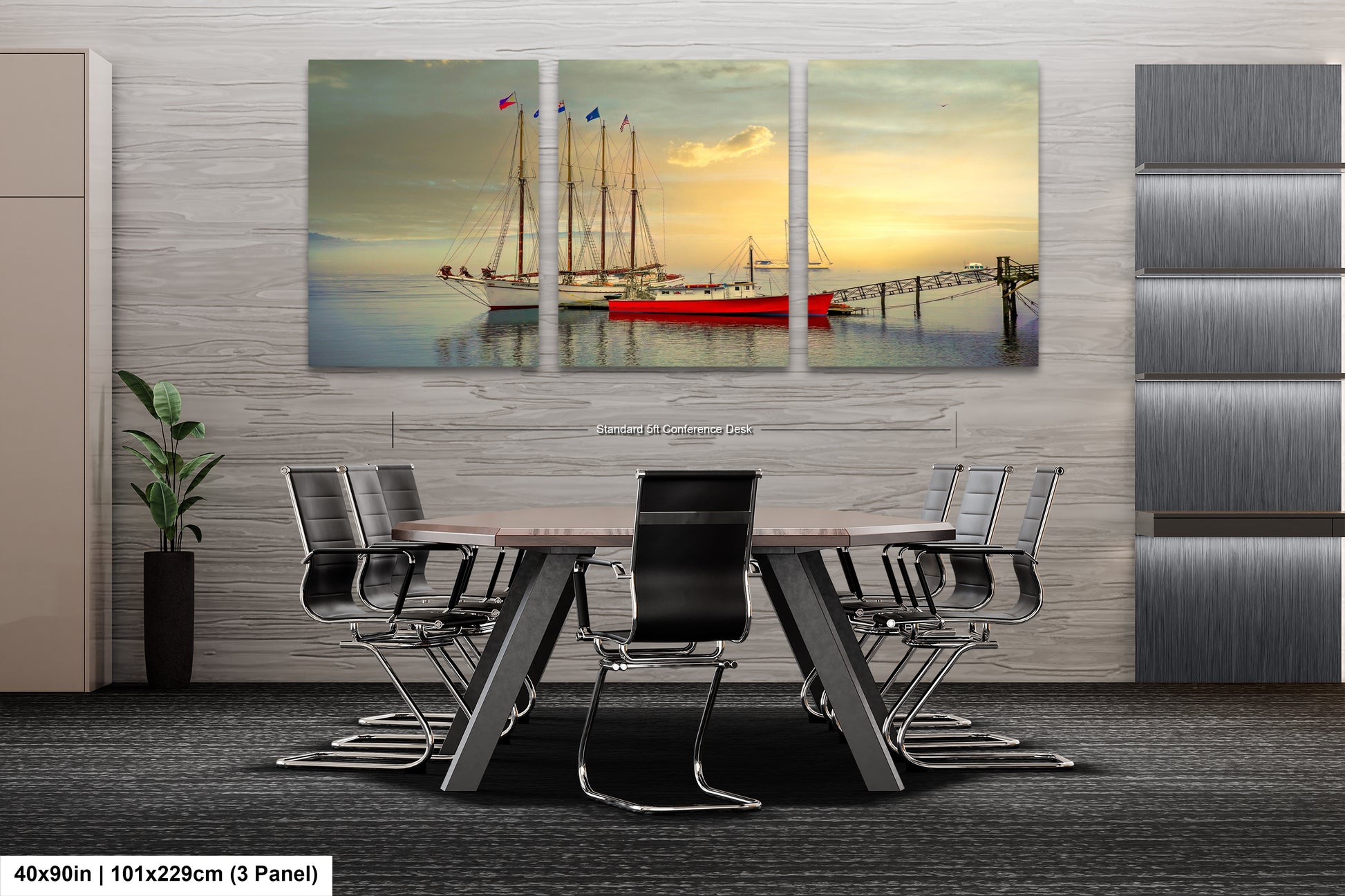 a dining room table with chairs and a painting on the wall
