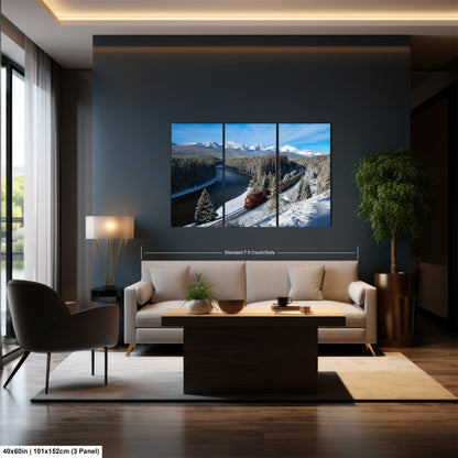 The image is a modern living room with a large, three-panel landscape painting hanging on the wall. The painting depicts a snowy mountain landscape with a train passing through the scene. The room is furnished with a sofa, a coffee table, and a potted plant, creating a cozy and inviting atmosphere.