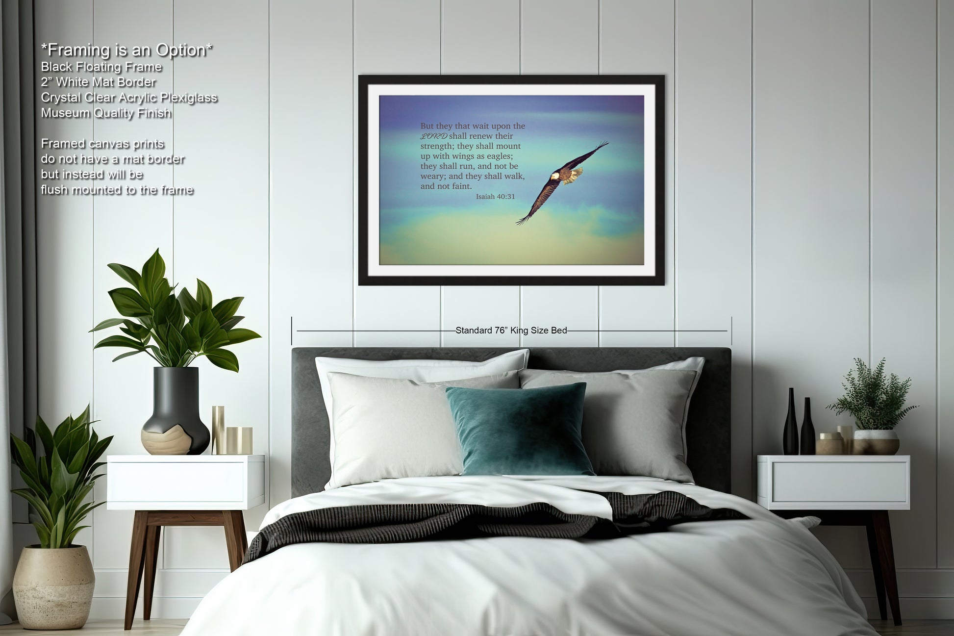 a bedroom with a bed and a picture hanging on the wall