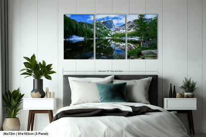 a bedroom scene with a bed and a wall hanging