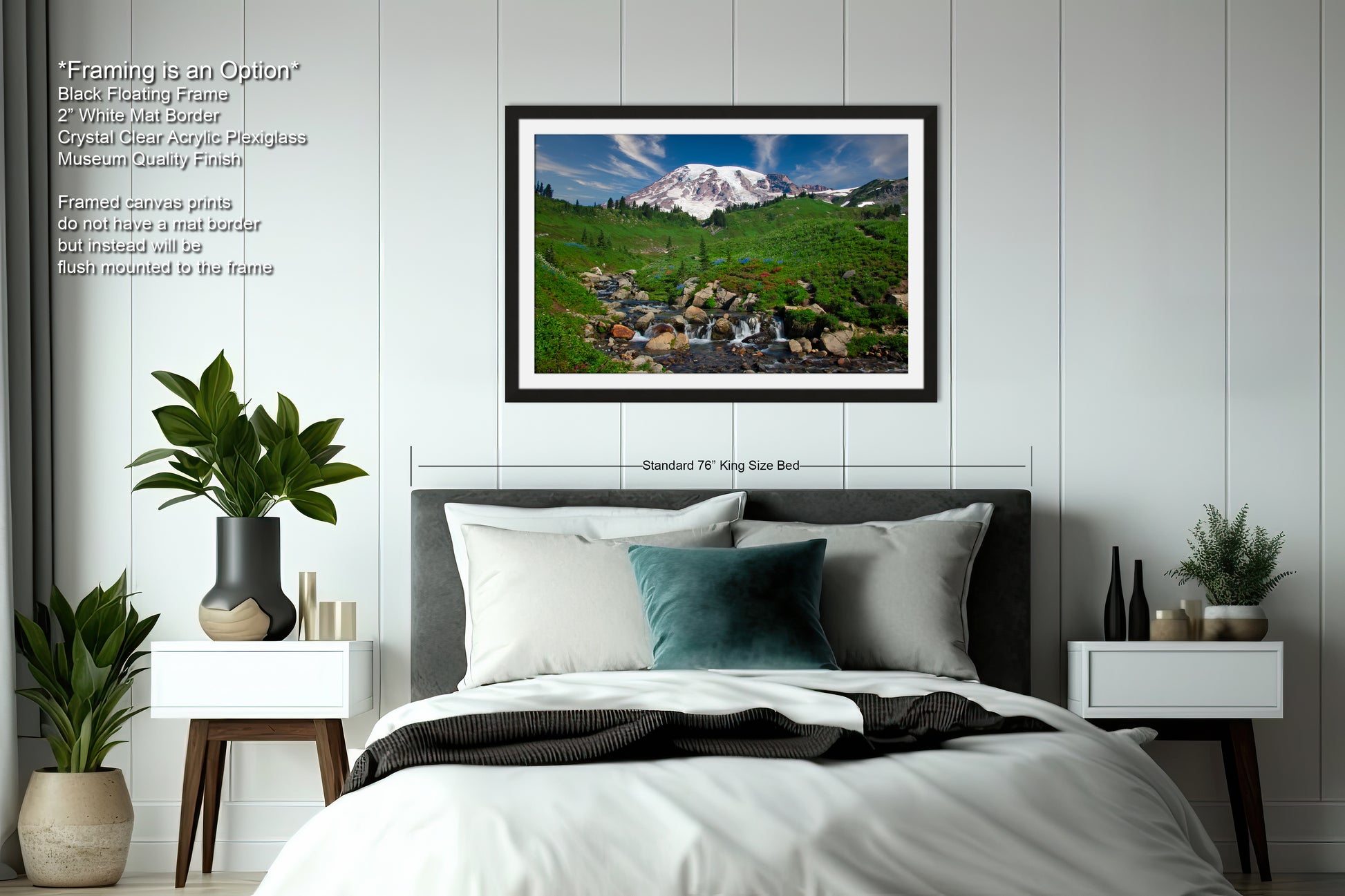 a bedroom with a large bed and a picture on the wall