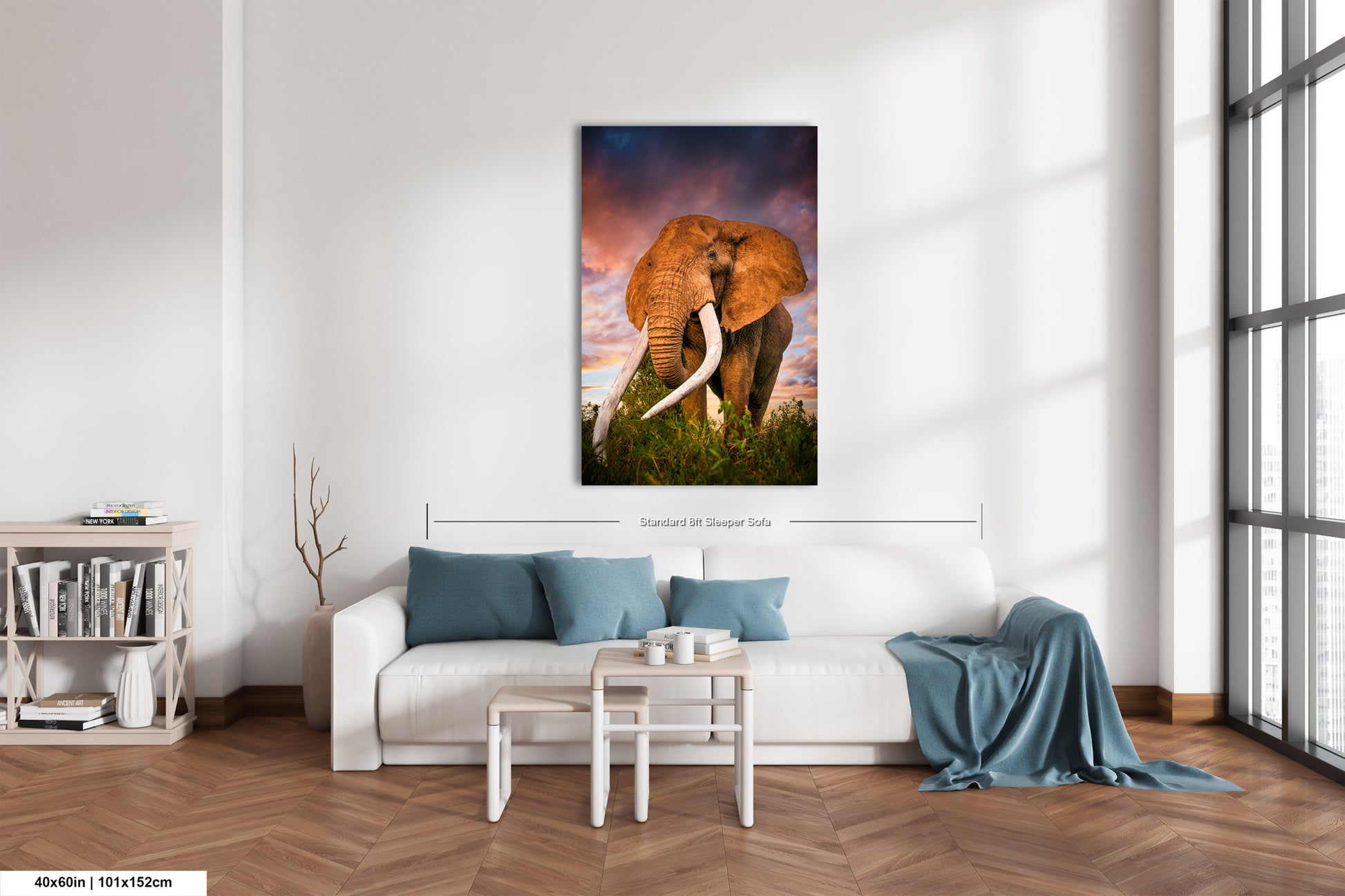 a painting of an elephant in a living room
