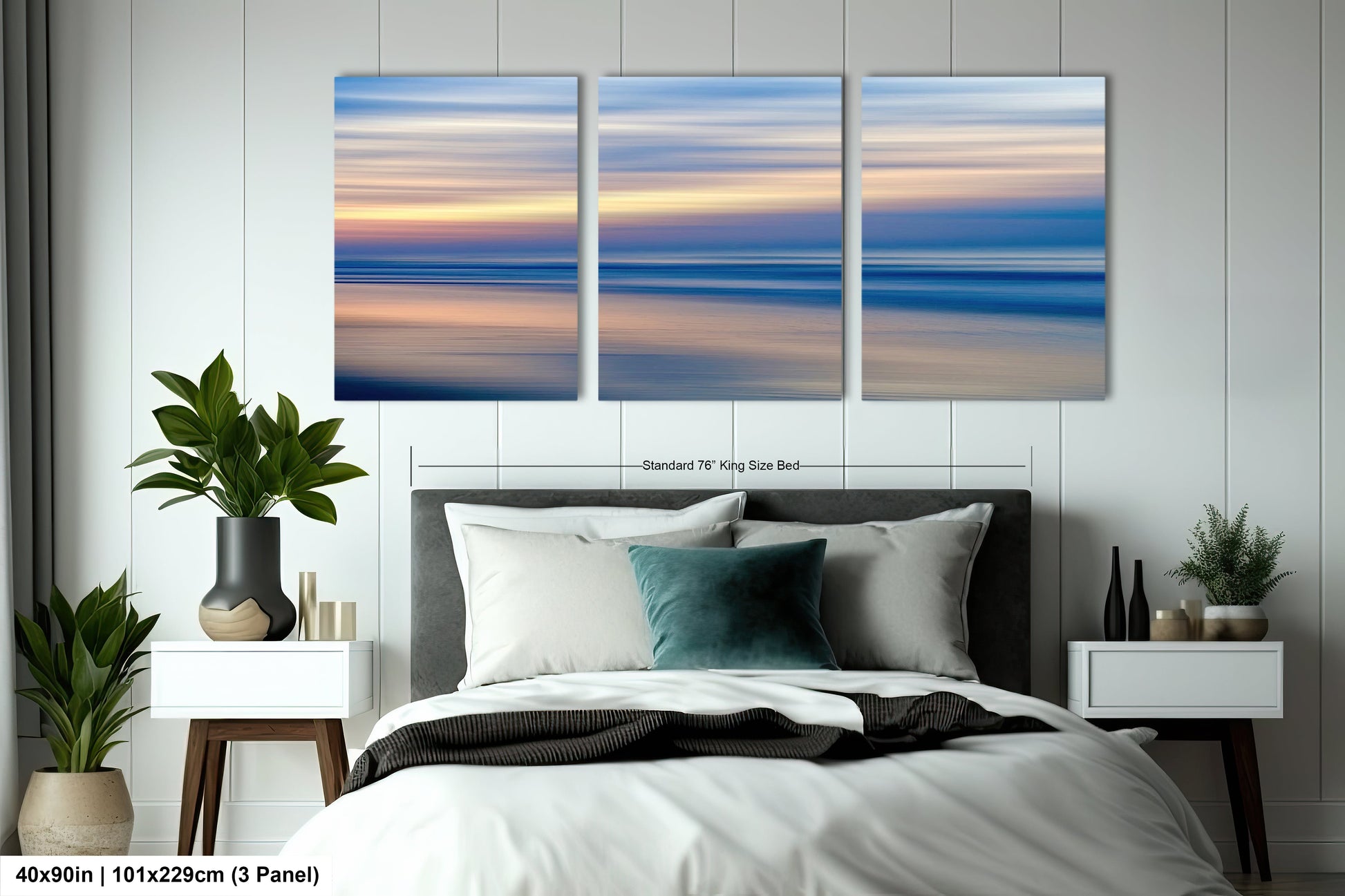 a bedroom scene with focus on the bed and the ocean
