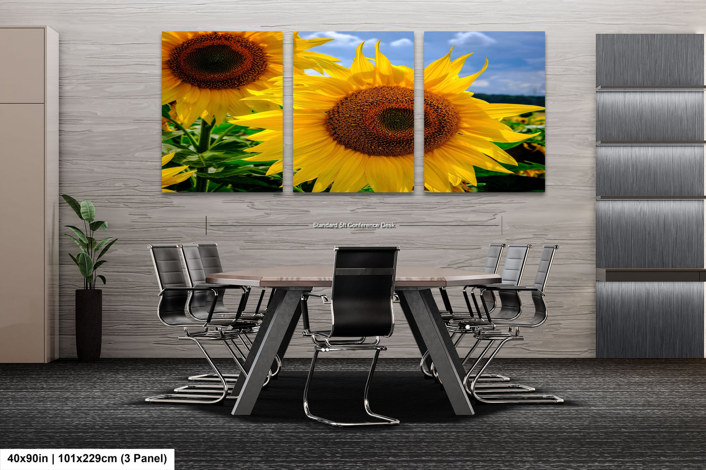 three sunflowers in a field with a blue sky in the background