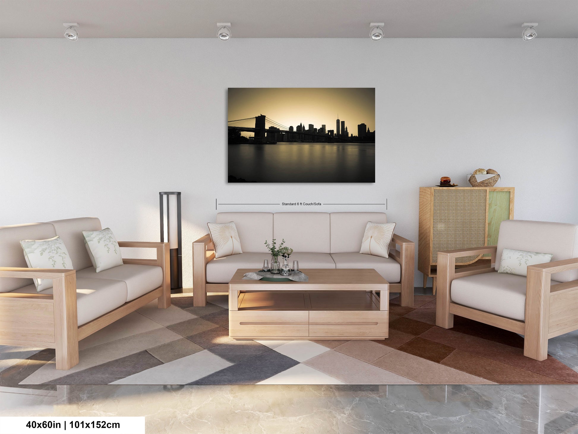 a living room filled with furniture and a painting on the wall