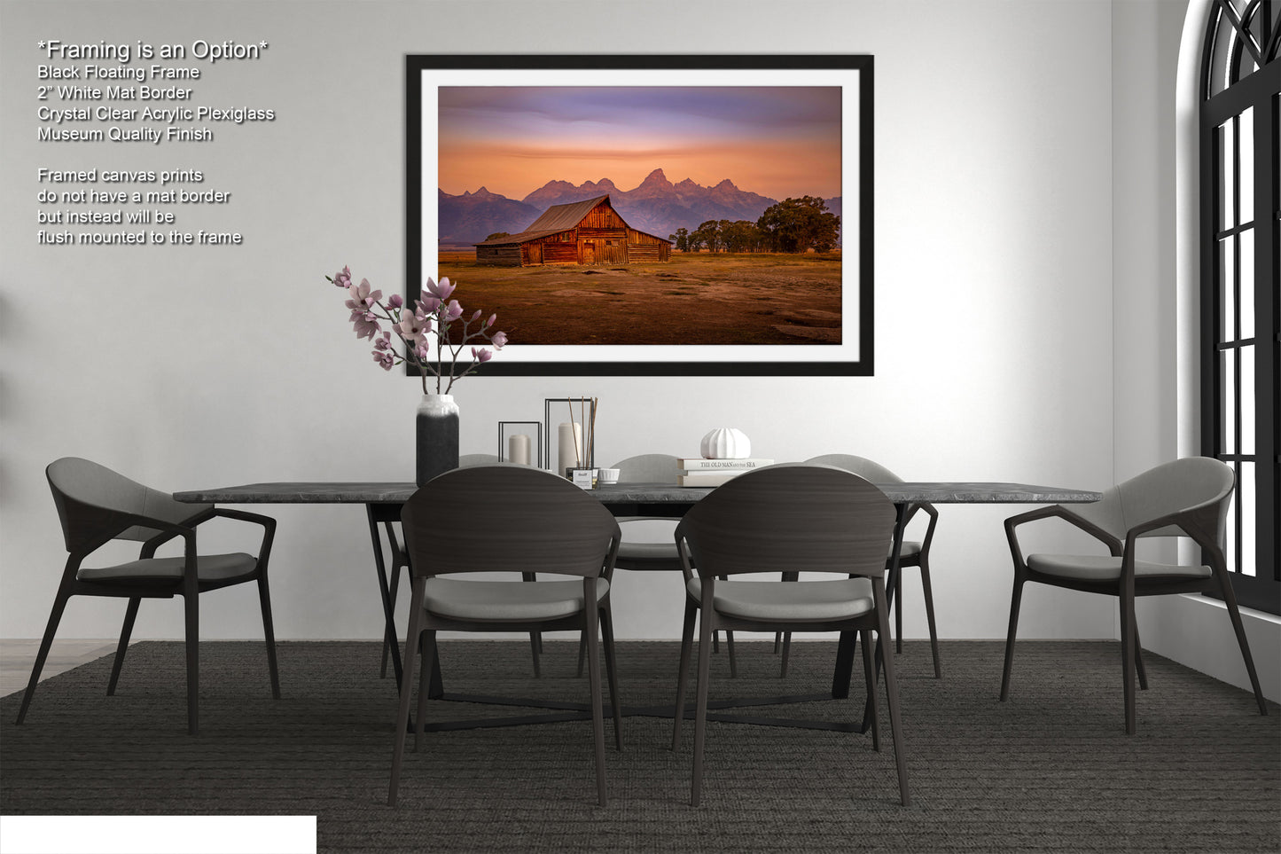 a dining room with a table and chairs
