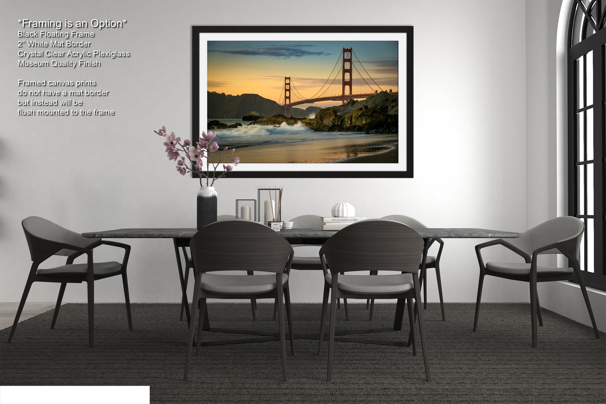 a picture of a dining room with a view of the golden gate bridge