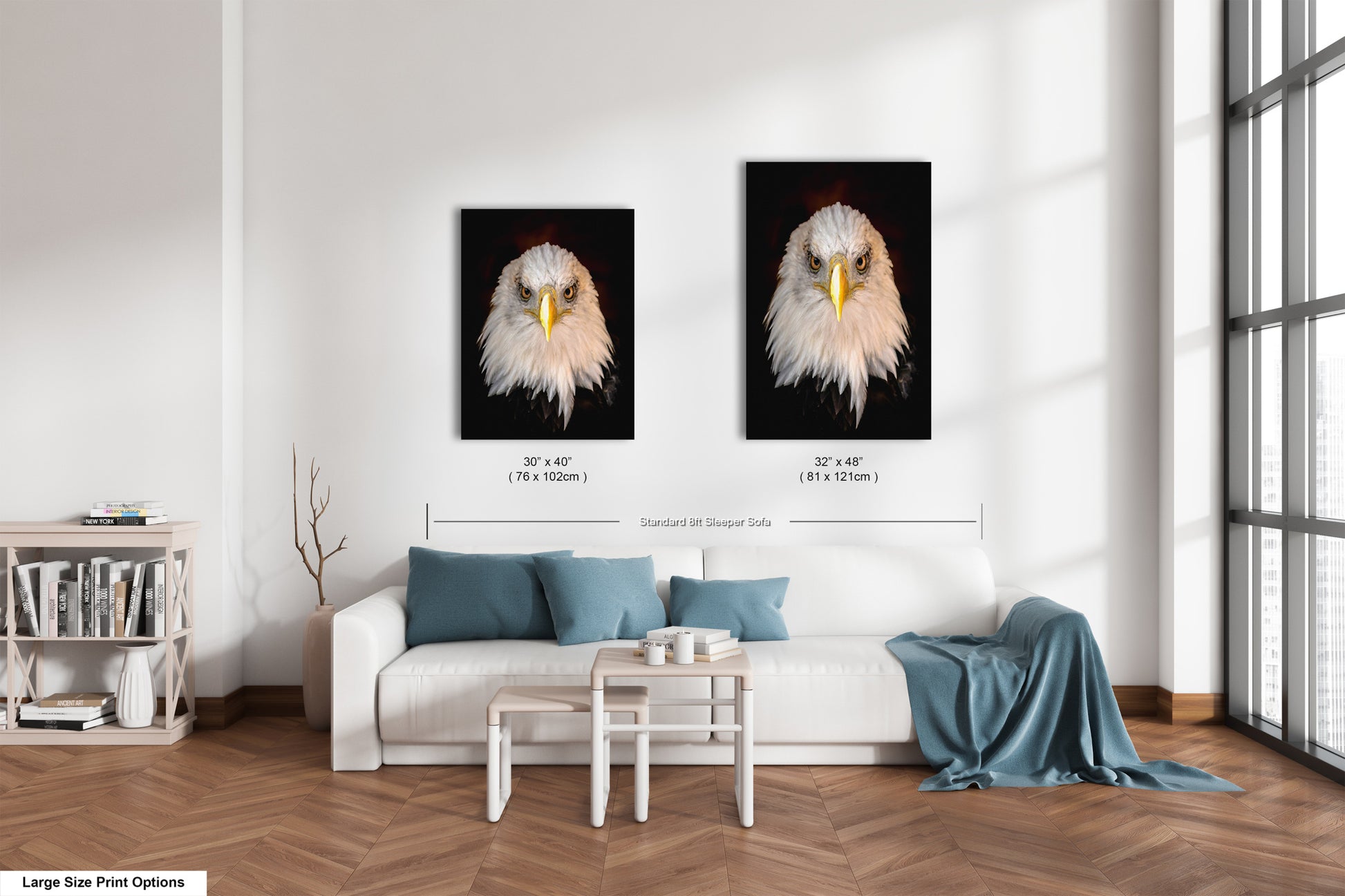 a living room with a white couch and two pictures of an eagle