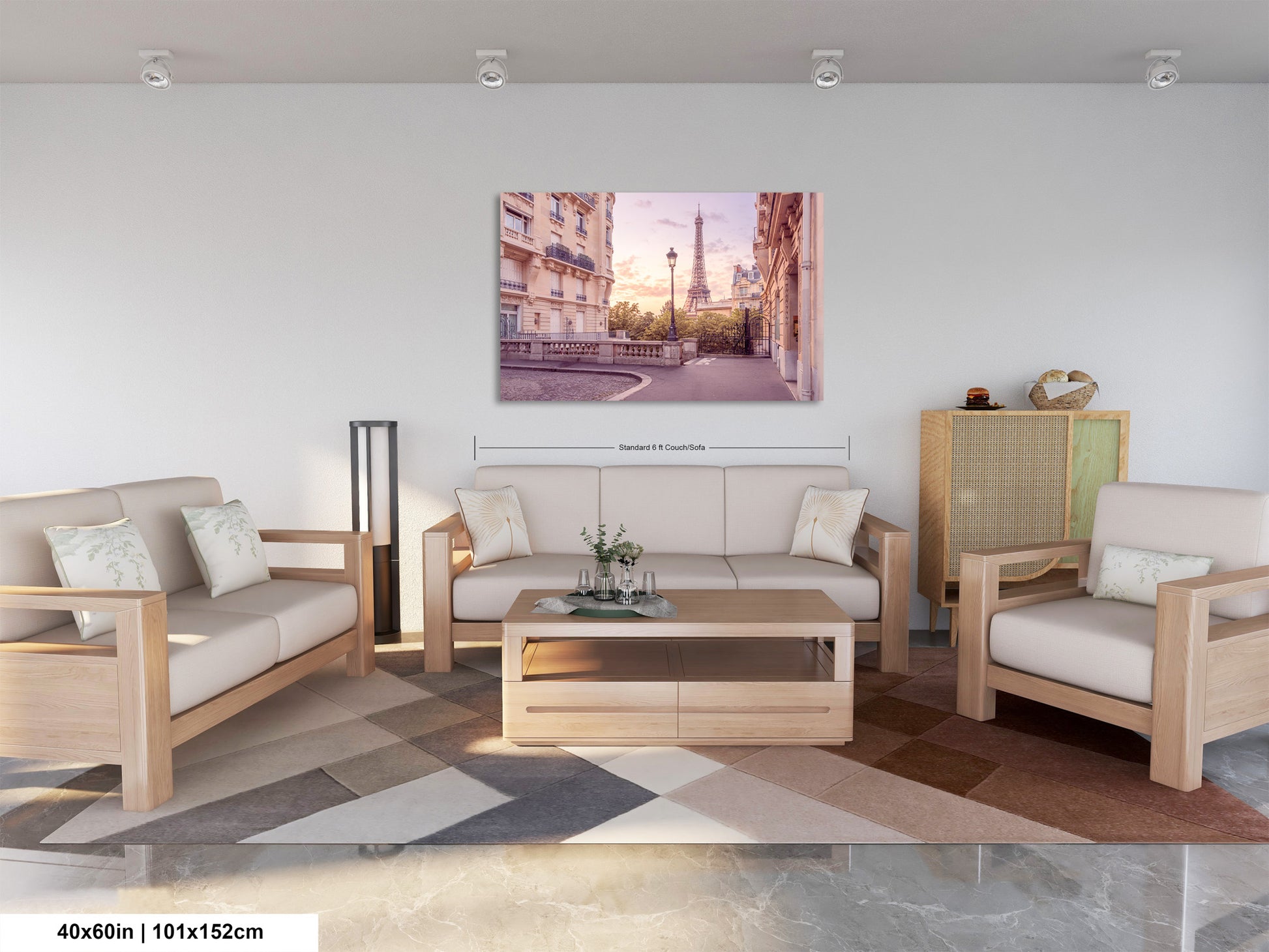 a living room filled with furniture and a painting on the wall