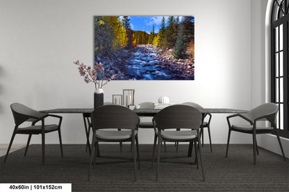 a painting of a river running through a forest