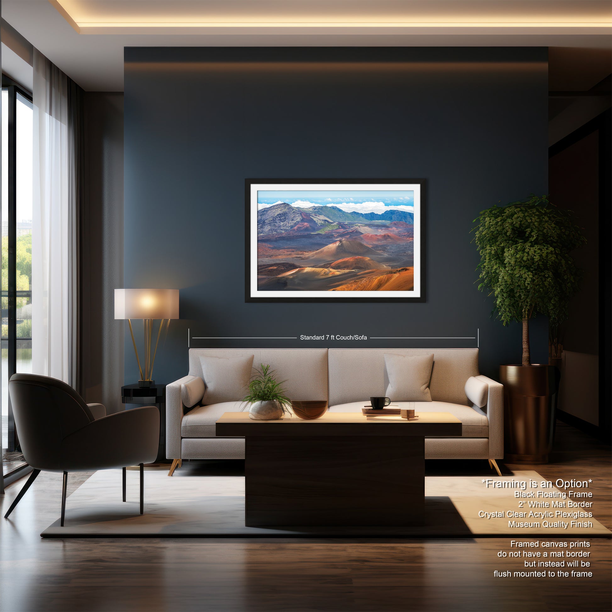 a modern living room with a large framed landscape painting hanging on the wall above a sofa and a coffee table.