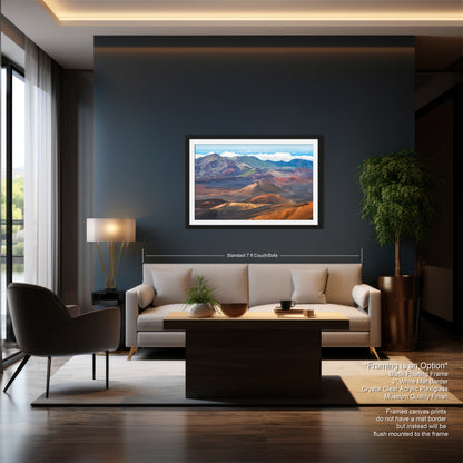a modern living room with a large framed landscape painting hanging on the wall above a sofa and a coffee table.