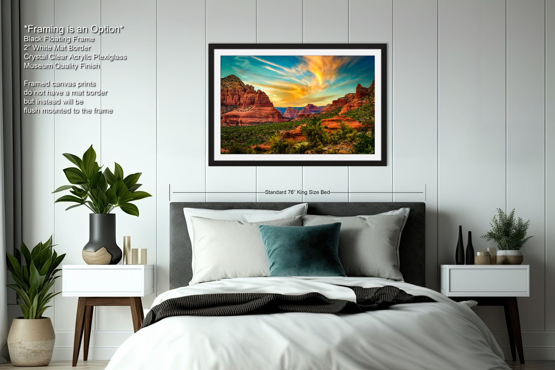 a bedroom with a bed and a picture hanging on the wall