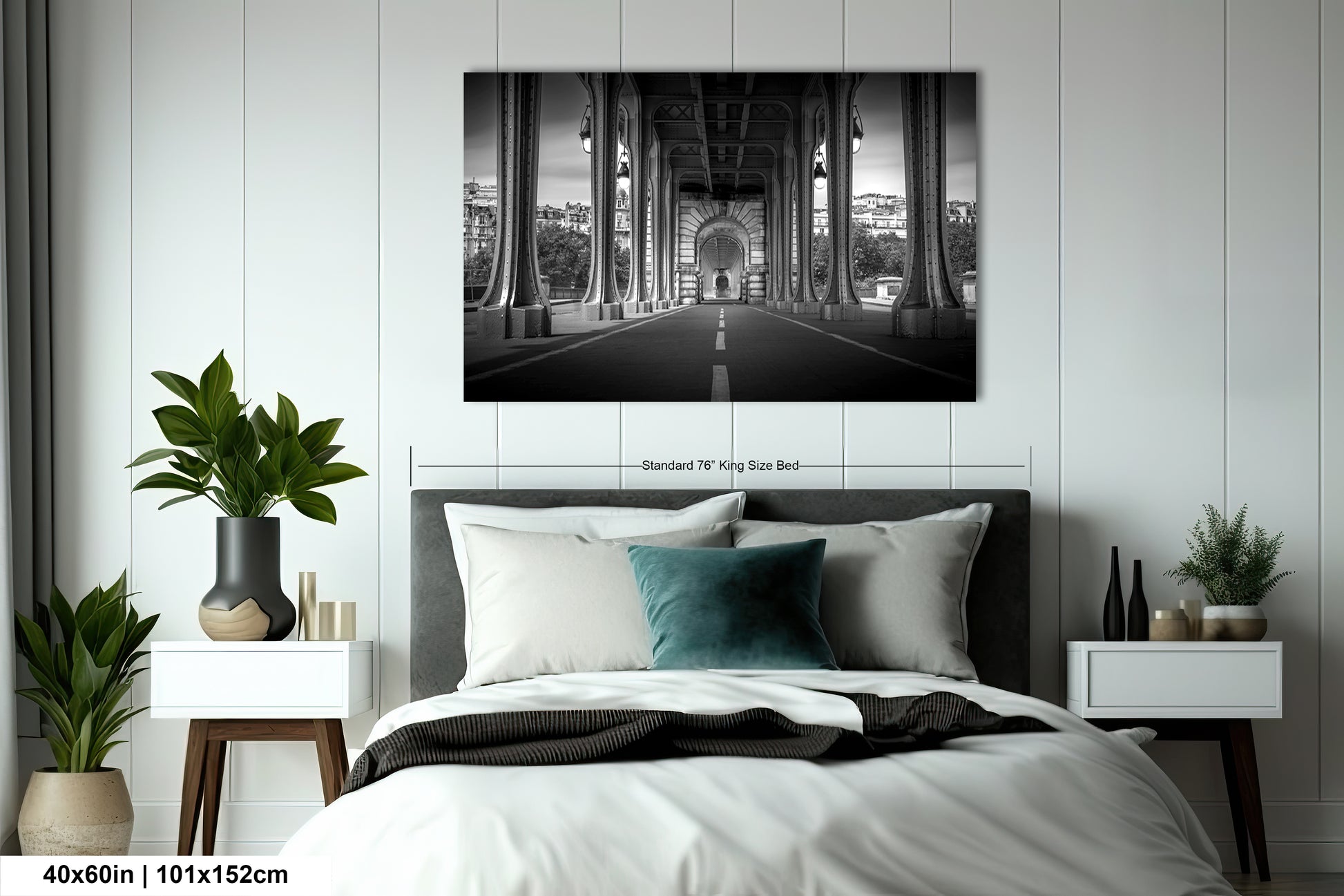 a black and white photo of a bed in a bedroom