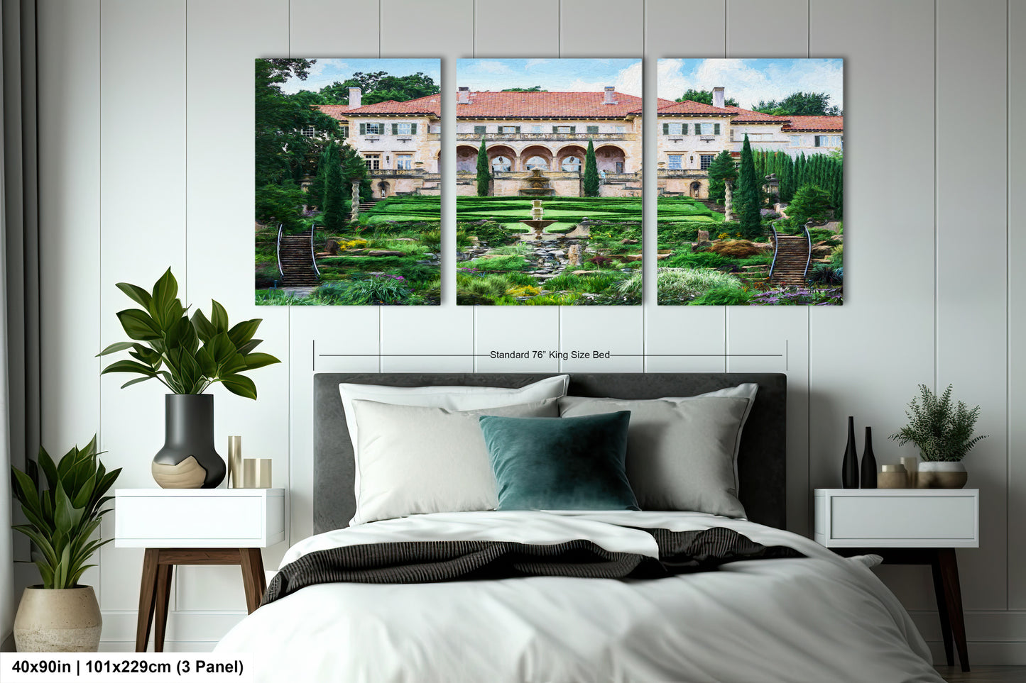 a bed room with a neatly made bed and two paintings on the wall