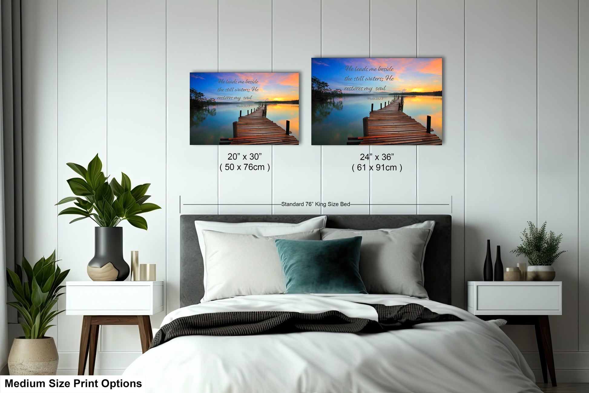 a bed room with a neatly made bed and two pictures on the wall