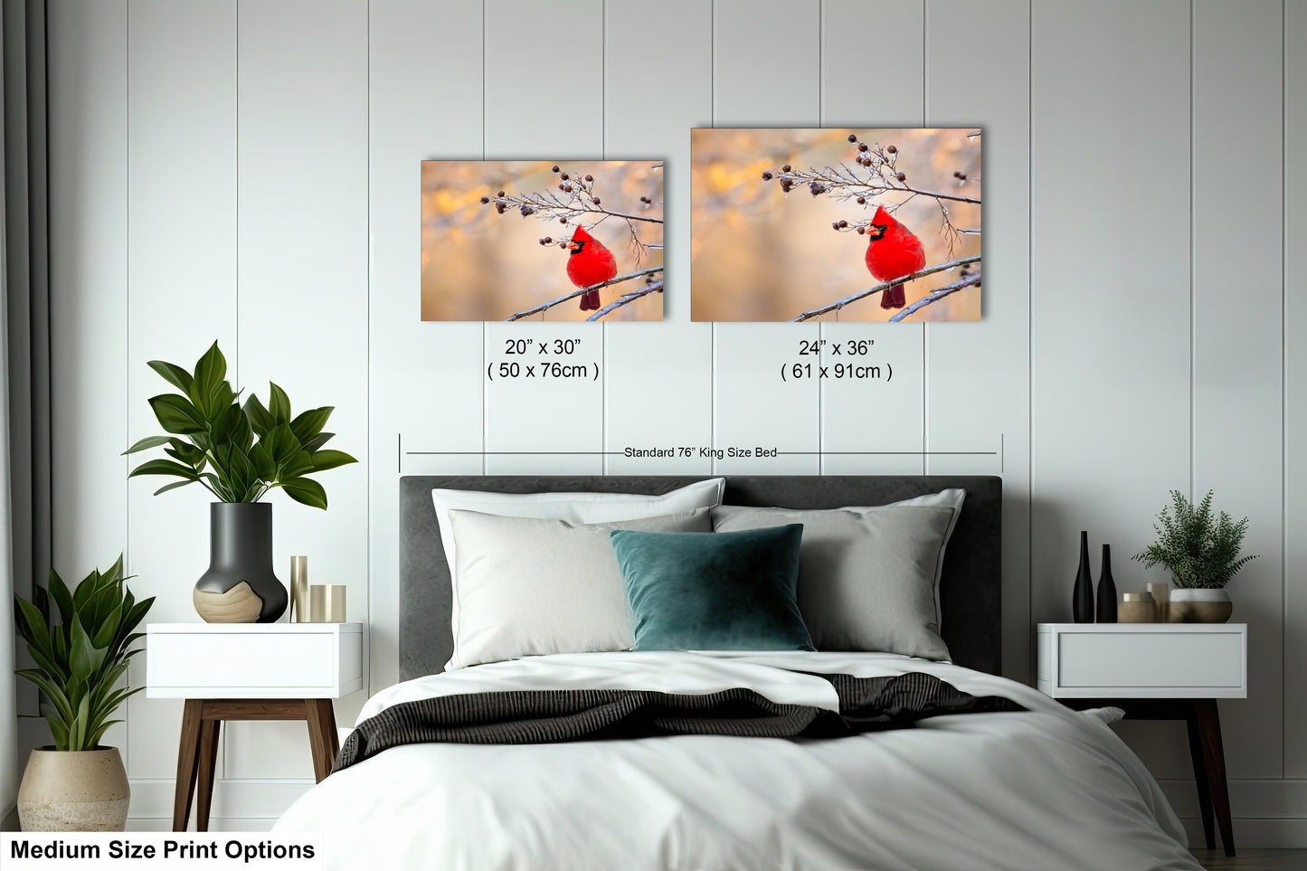 a bedroom with a bed and two pictures on the wall
