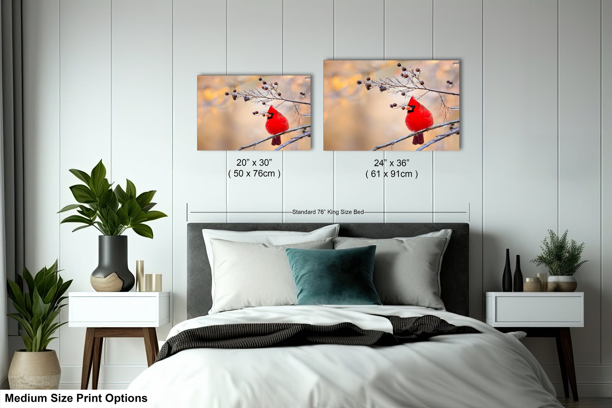a bedroom with a bed and two pictures on the wall