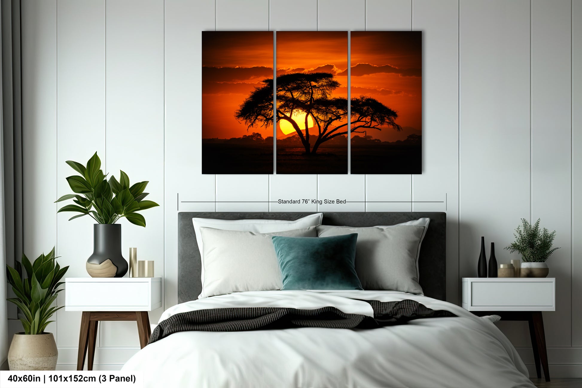 a bedroom with a bed and a painting on the wall