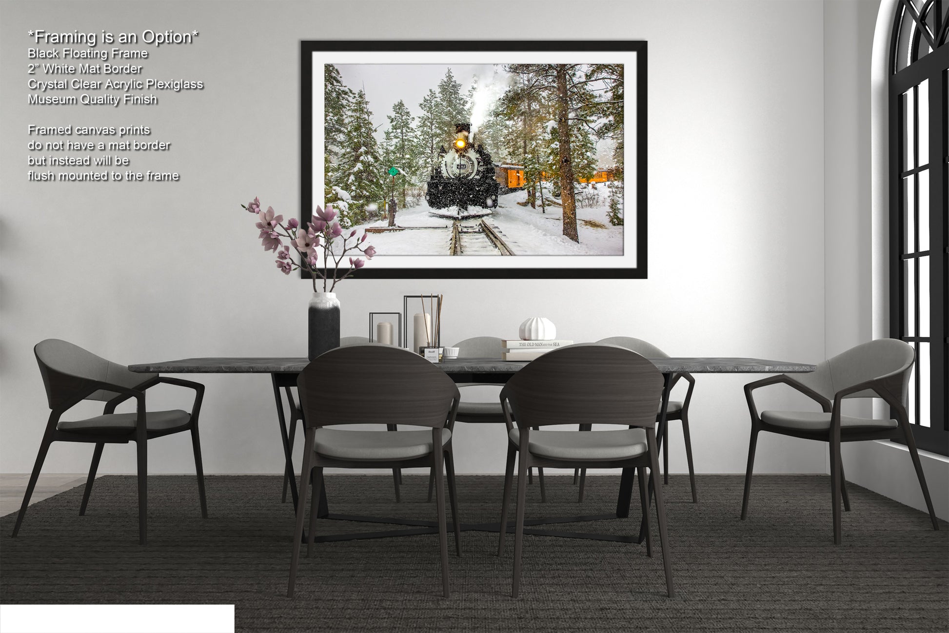 a picture of a dining room with a train on the tracks