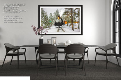 a picture of a dining room with a train on the tracks