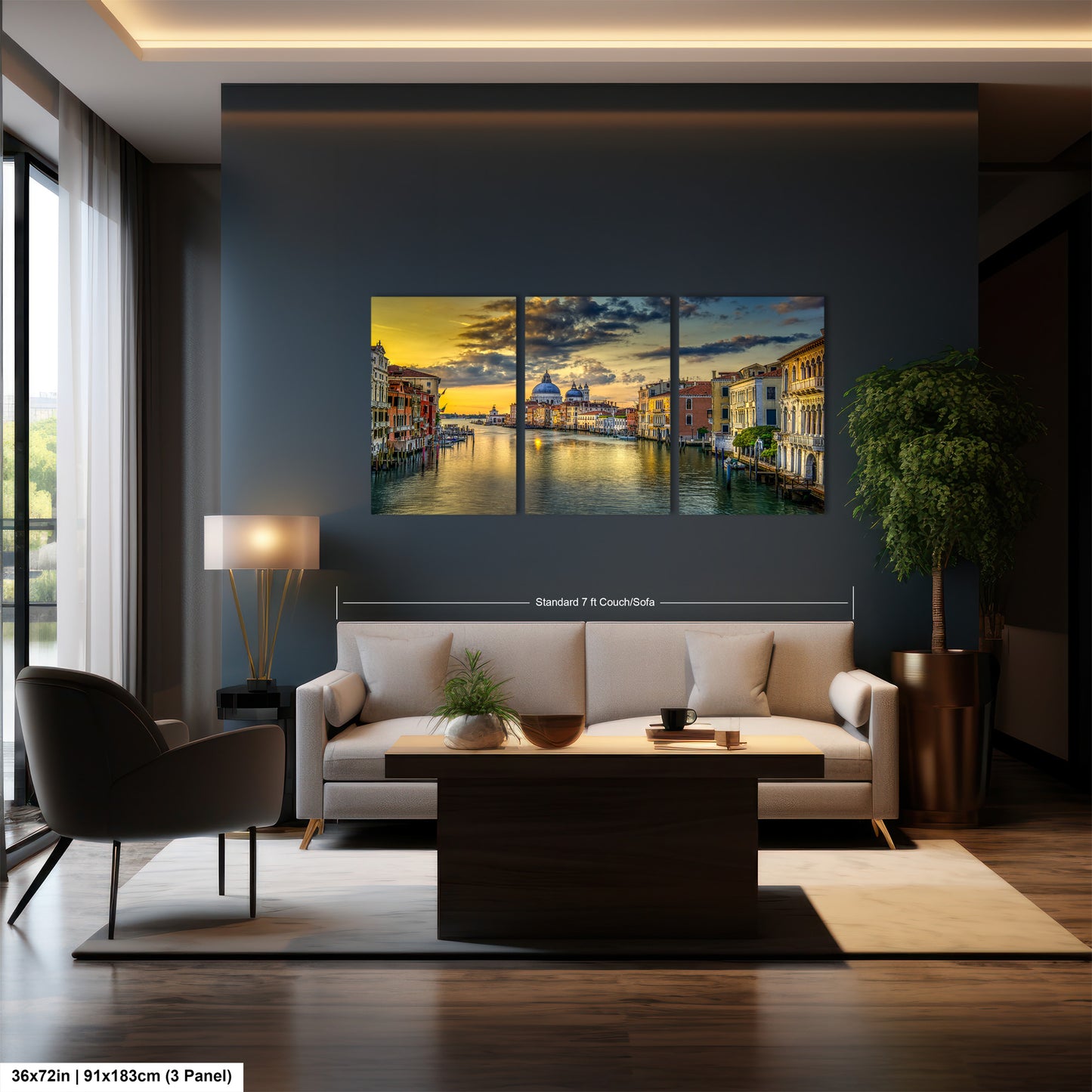 a living room with a couch and a painting on the wall
