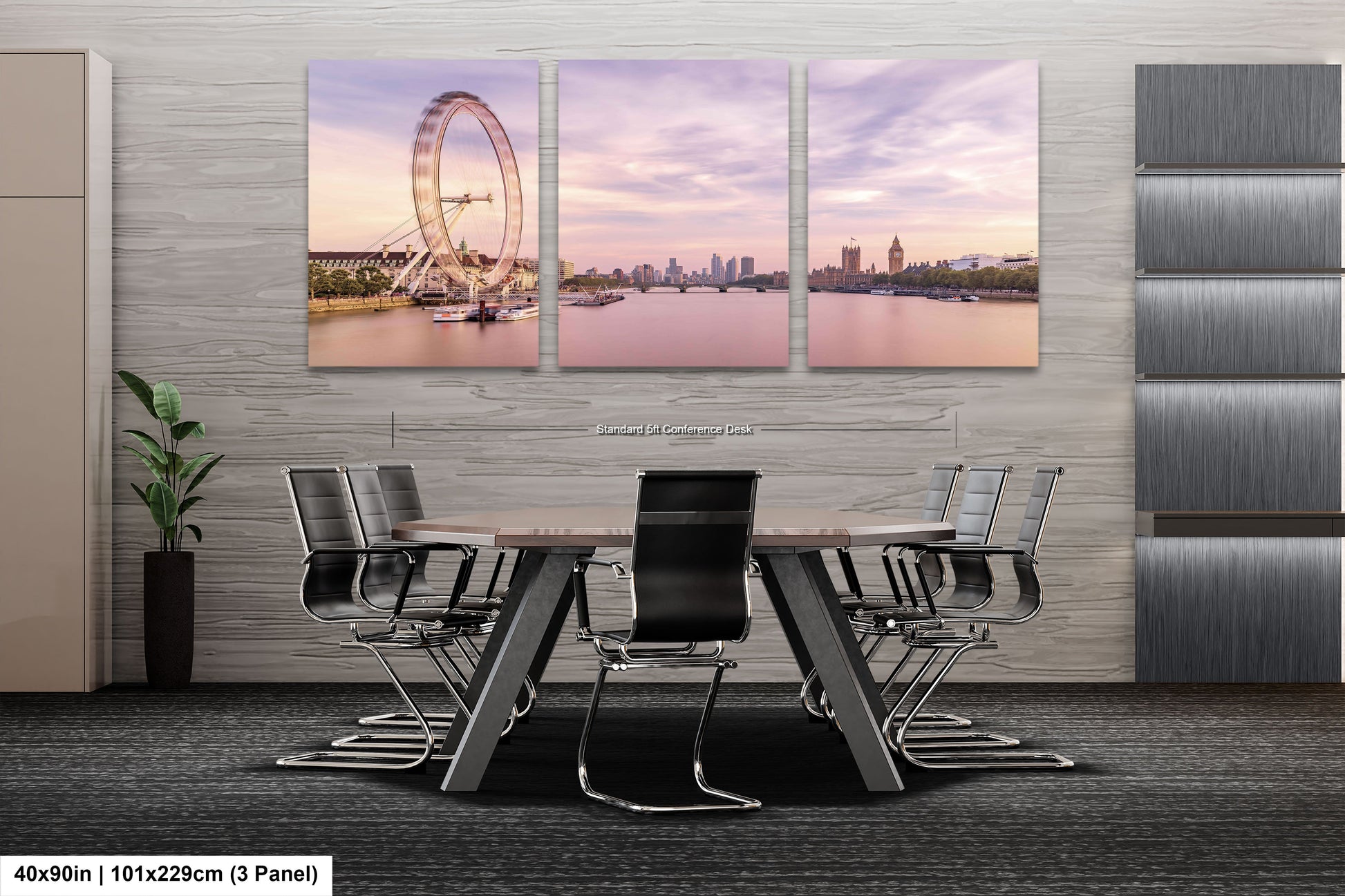 a dining room table with chairs and a ferris wheel in the background