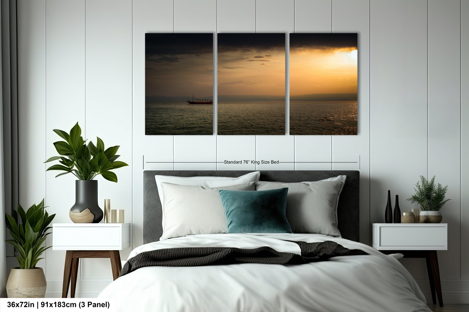 a bedroom with a bed and two paintings on the wall